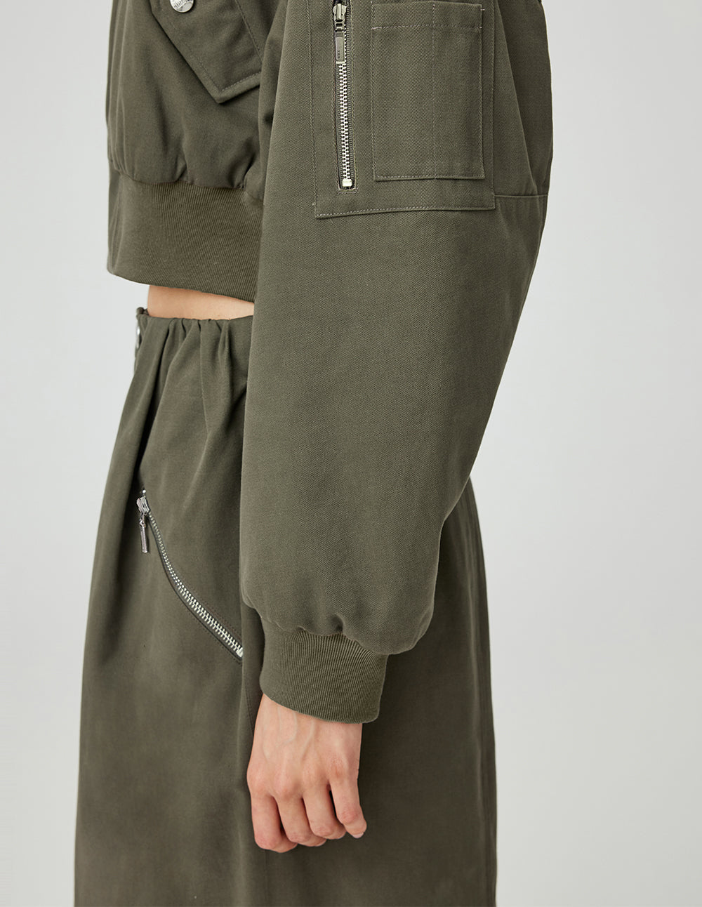 MF Retro Grey Olive Green Lapel Flight Jacket Short Cotton Jacket