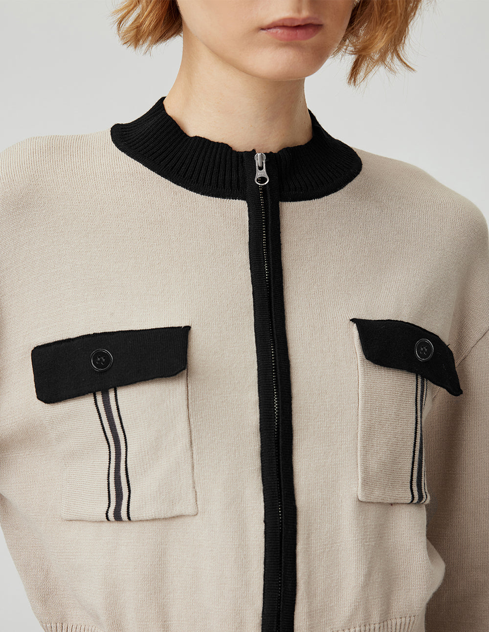 MF all-match contrast color round neck slim basic knitted cardigan