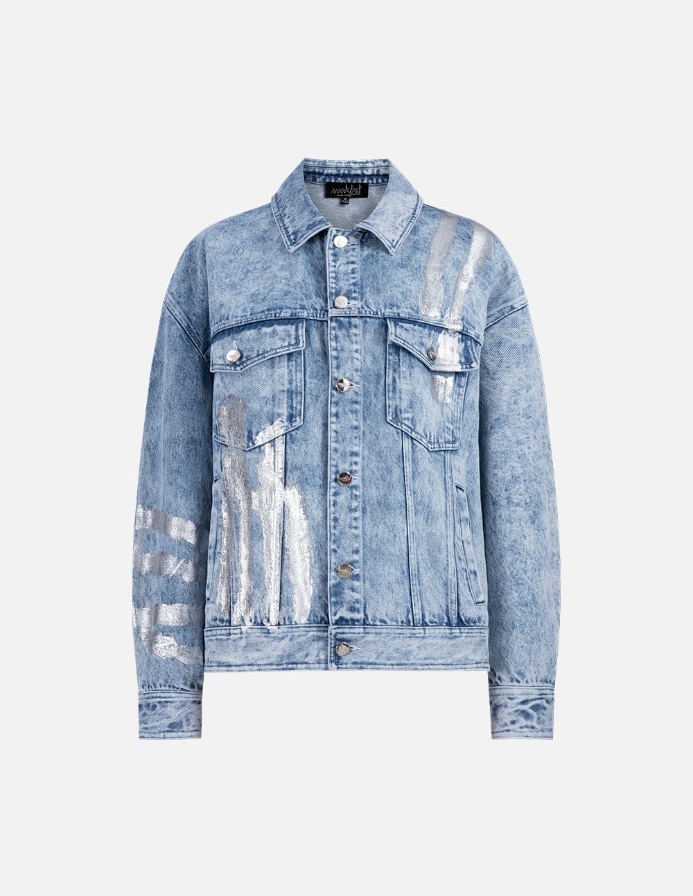 Unisex blue printed washed denim jacket