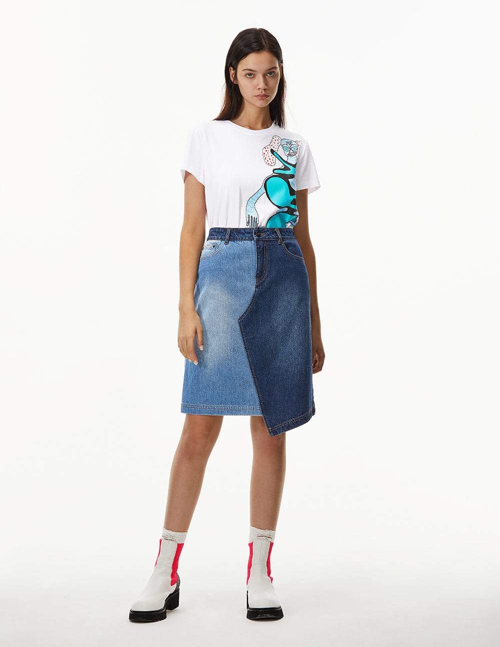 Women Color Block Asymmetric Denim Skirt