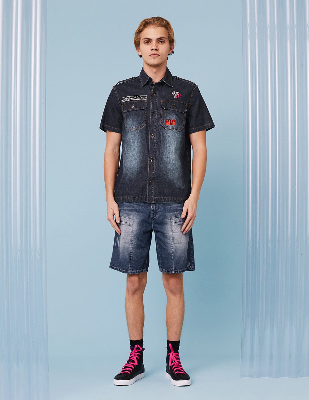 Men Mf Logo Embroidery Washed Denim Short Sleeve Shirt