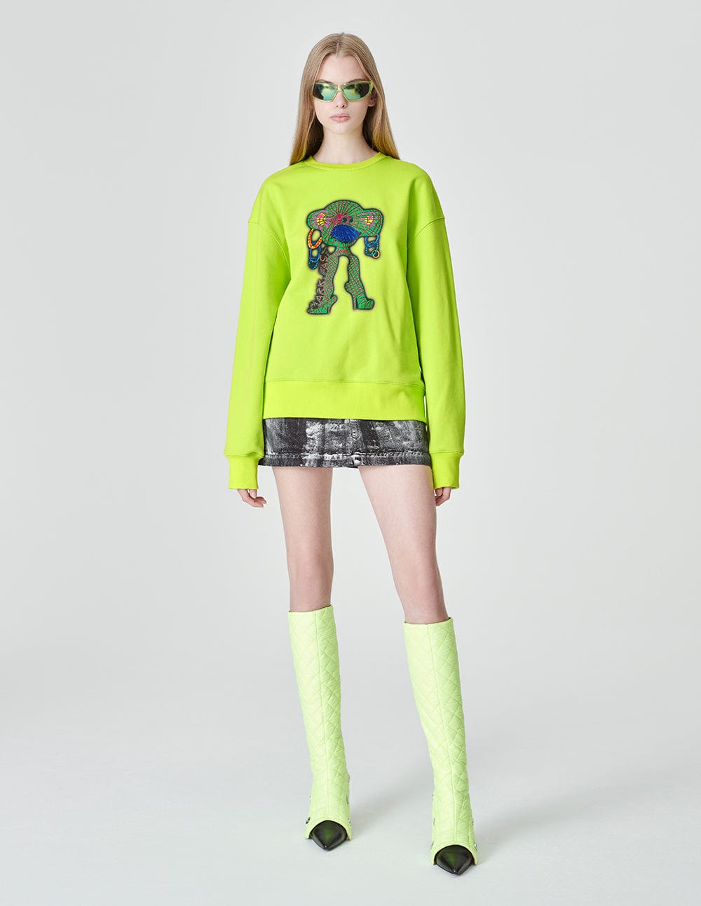 Unisex Style Fluorescent Green Cotton Print Sweatshirt