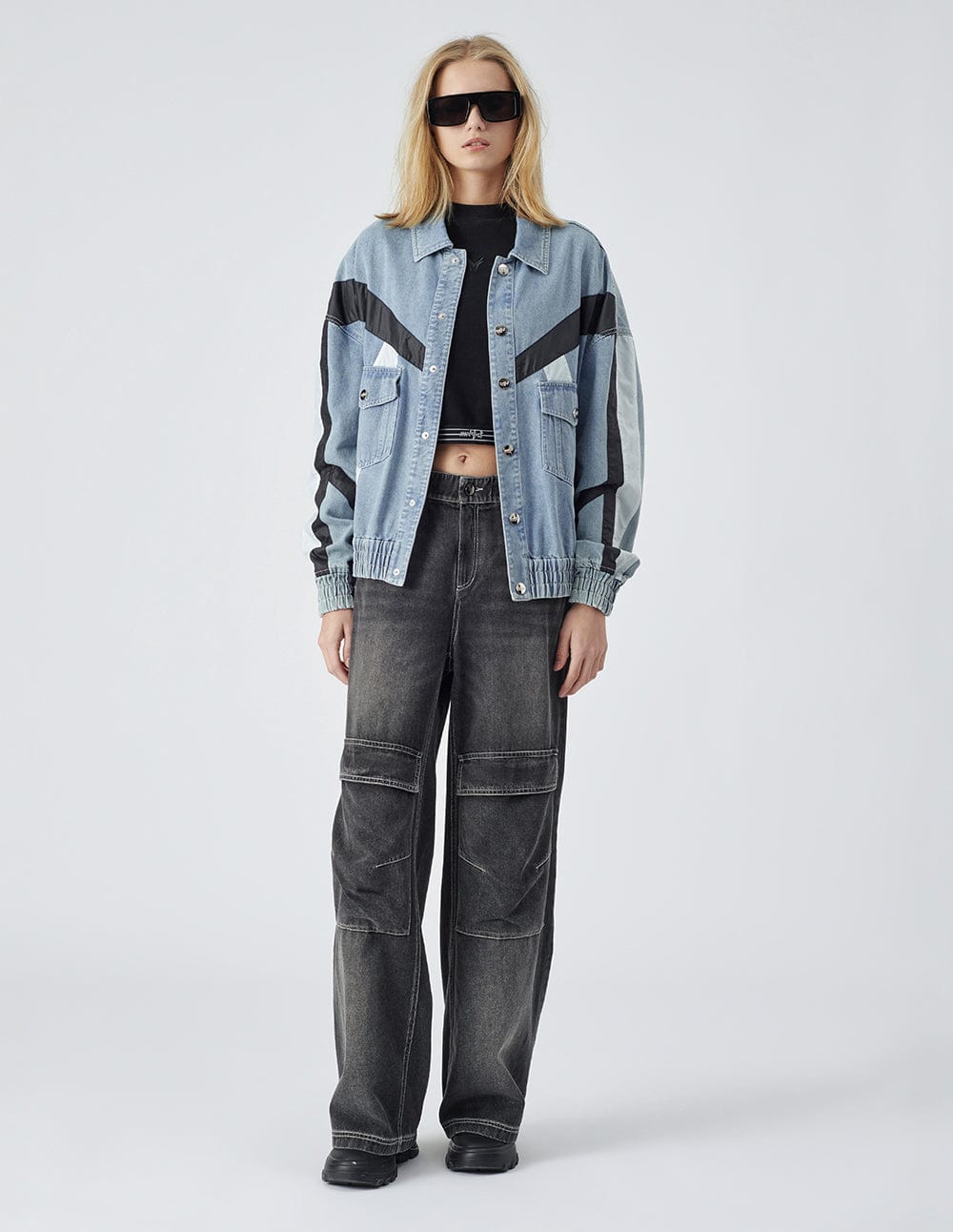 Unisex Colour Block Washed Denim Jacket