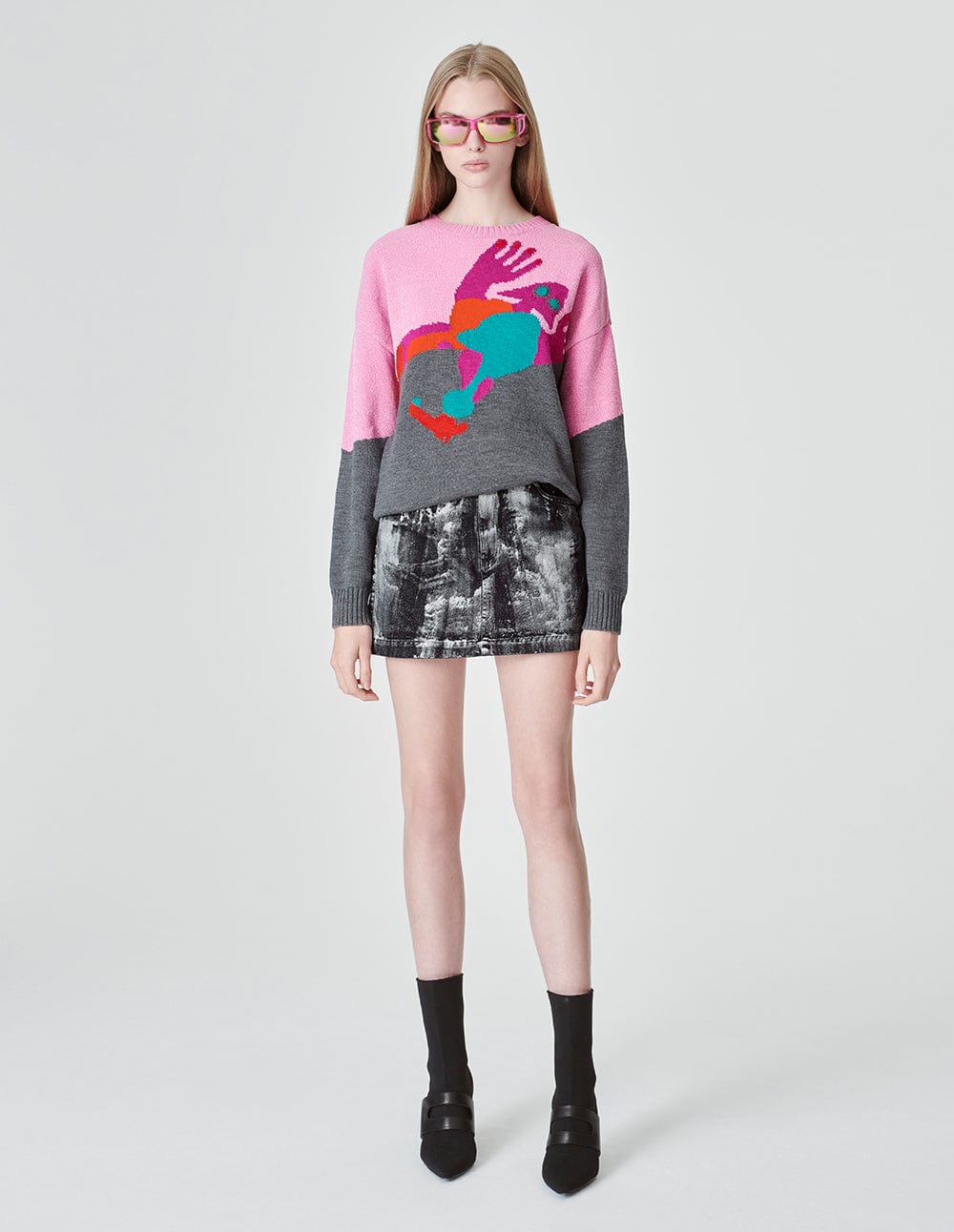 Women's Pink Gray Jacquard Sweater