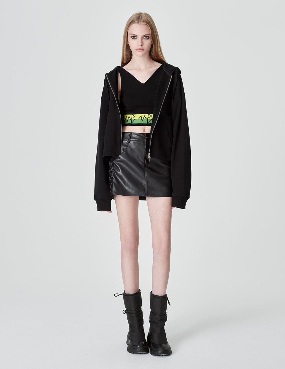 Women's Black Cotton Short Hooded Sweatshirt