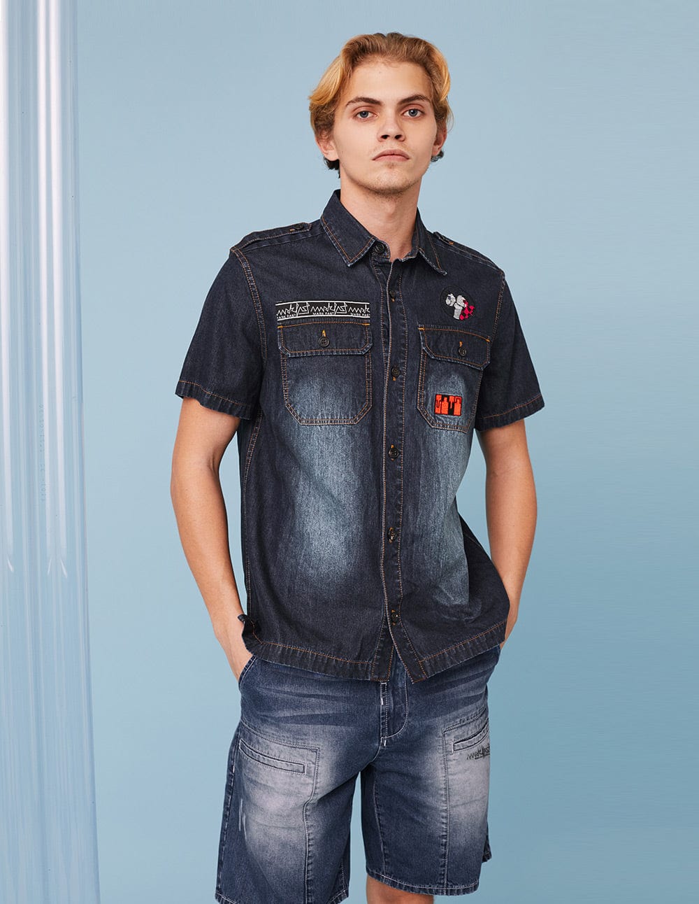 Men Mf Logo Embroidery Washed Denim Short Sleeve Shirt