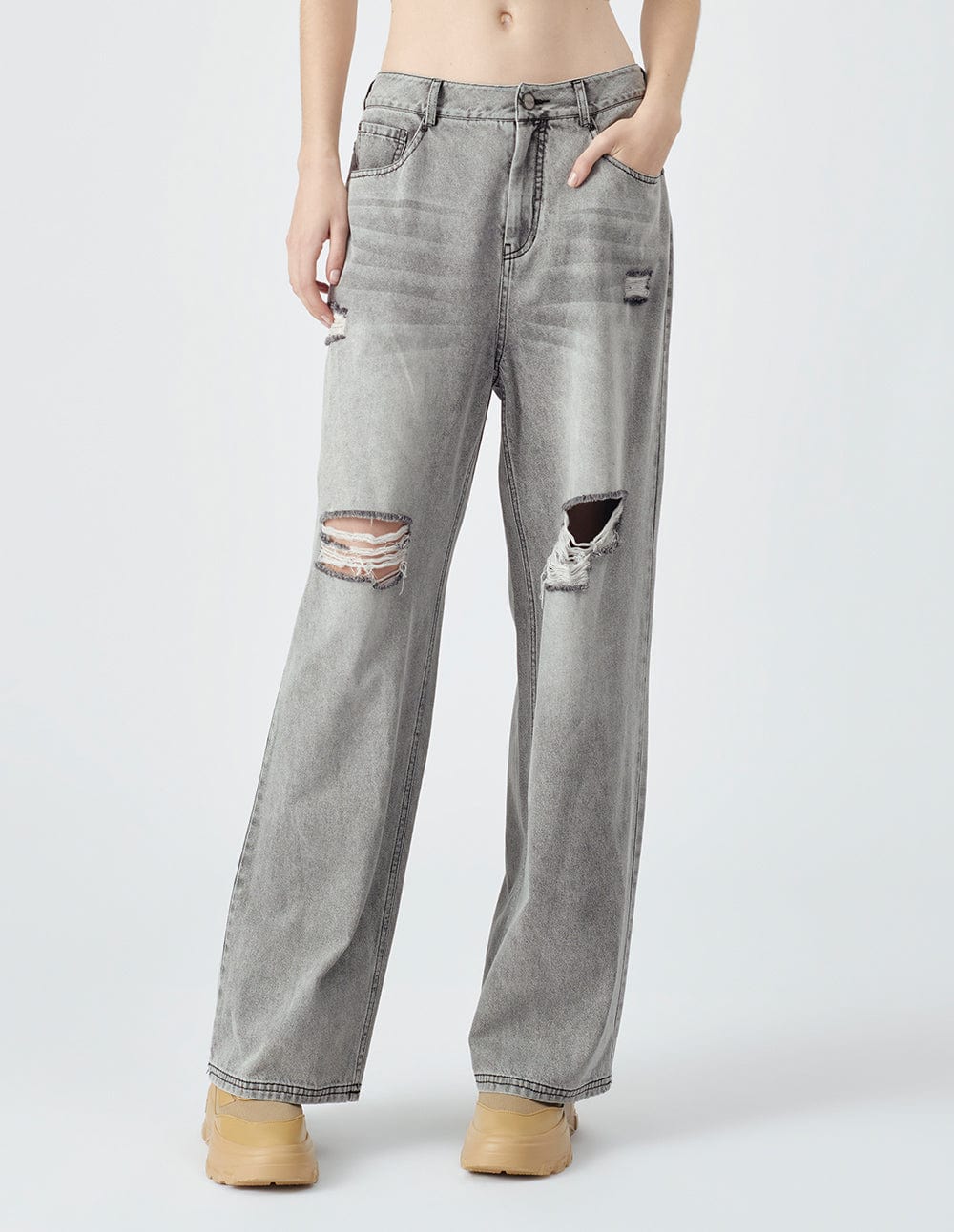 Women's Ripped Light Grey Straight Leg Jeans