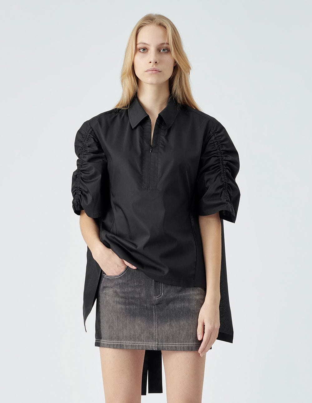 Women's Black Lace-Up Ruched Top