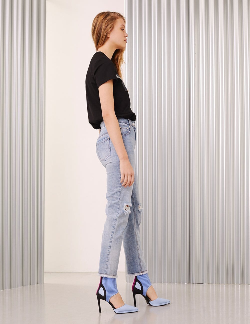 Women Light Blue Washed Denim Vintage Ripped Hole Jeans