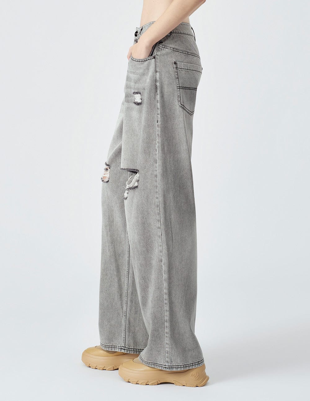 Women's Ripped Light Grey Straight Leg Jeans