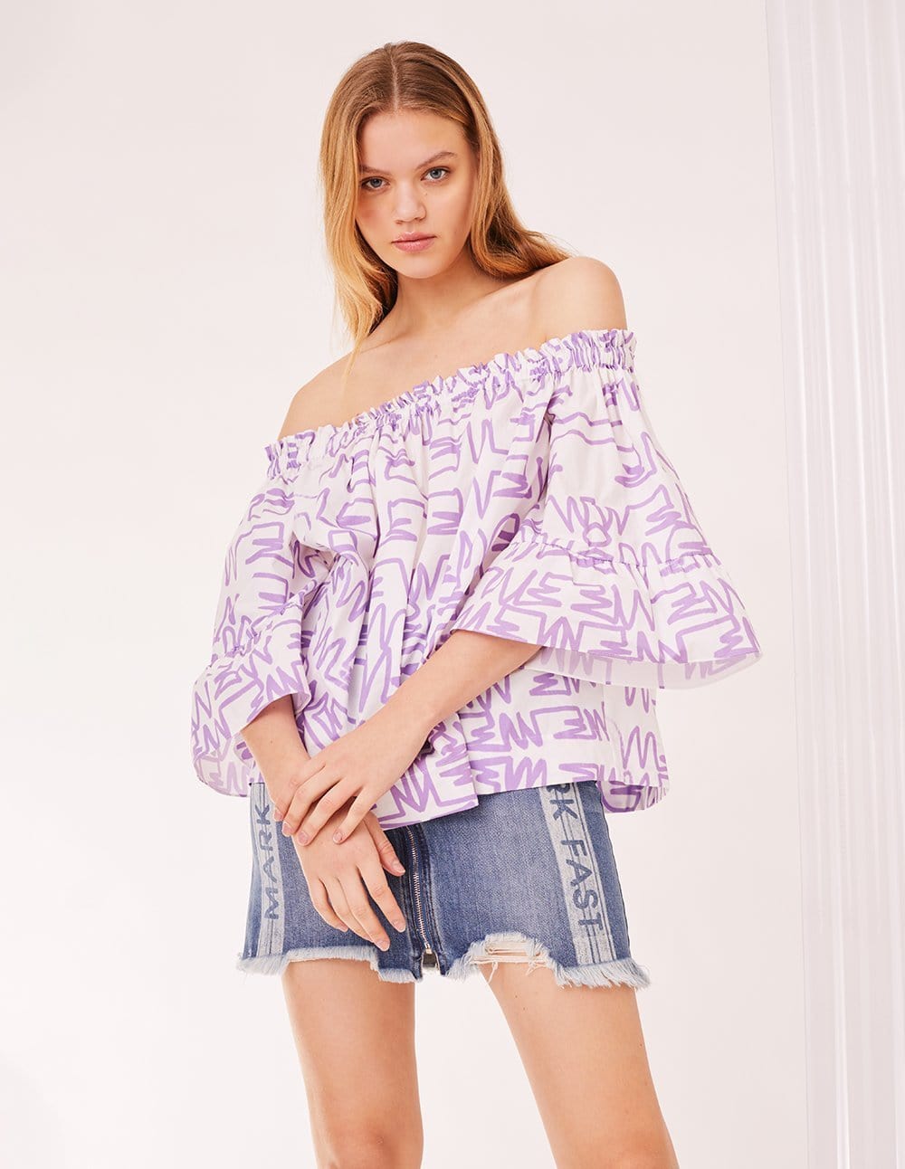 Women Mf Graffiti Pattern Off-Shoulder Wide Sleeve Blouse