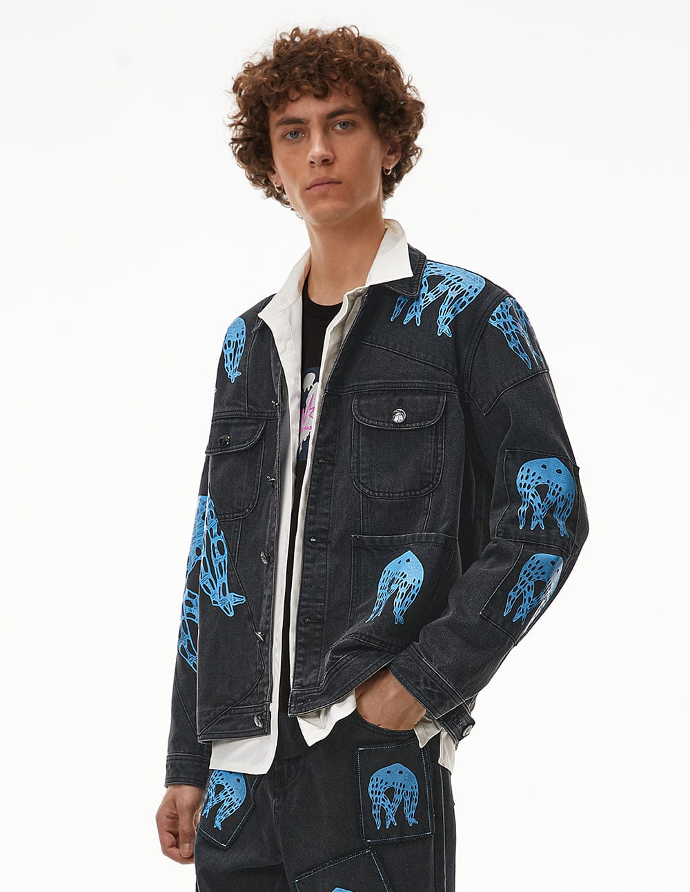 Men Printed Patch Denim Jacket