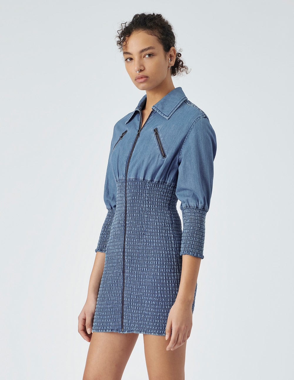 Women's Mid Blue Ruched Denim Dress