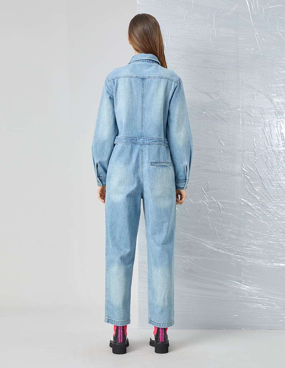Women Washed Zipper Denim Jumpsuit