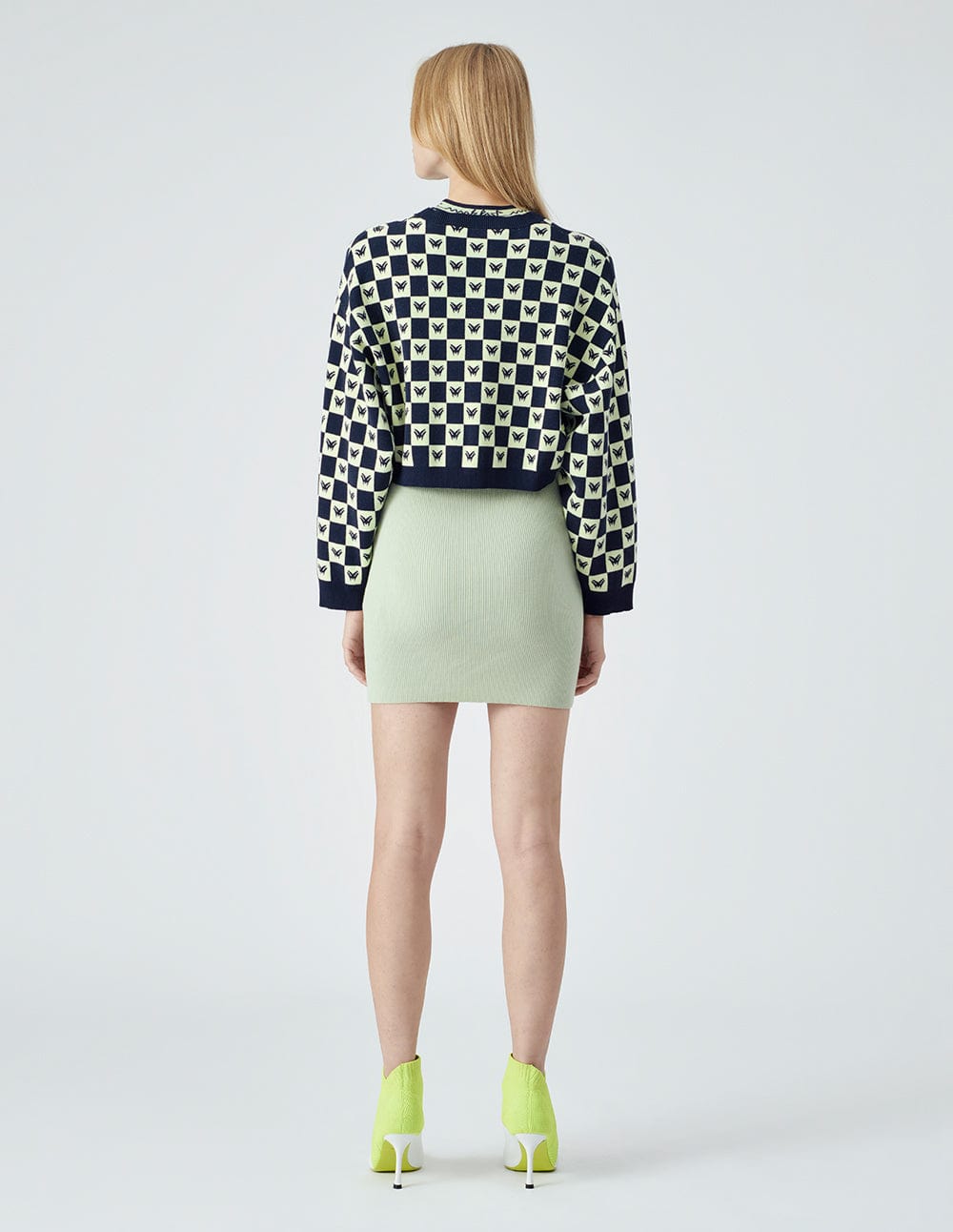 Women's Blue And Green Checkerboard Knit Sweater