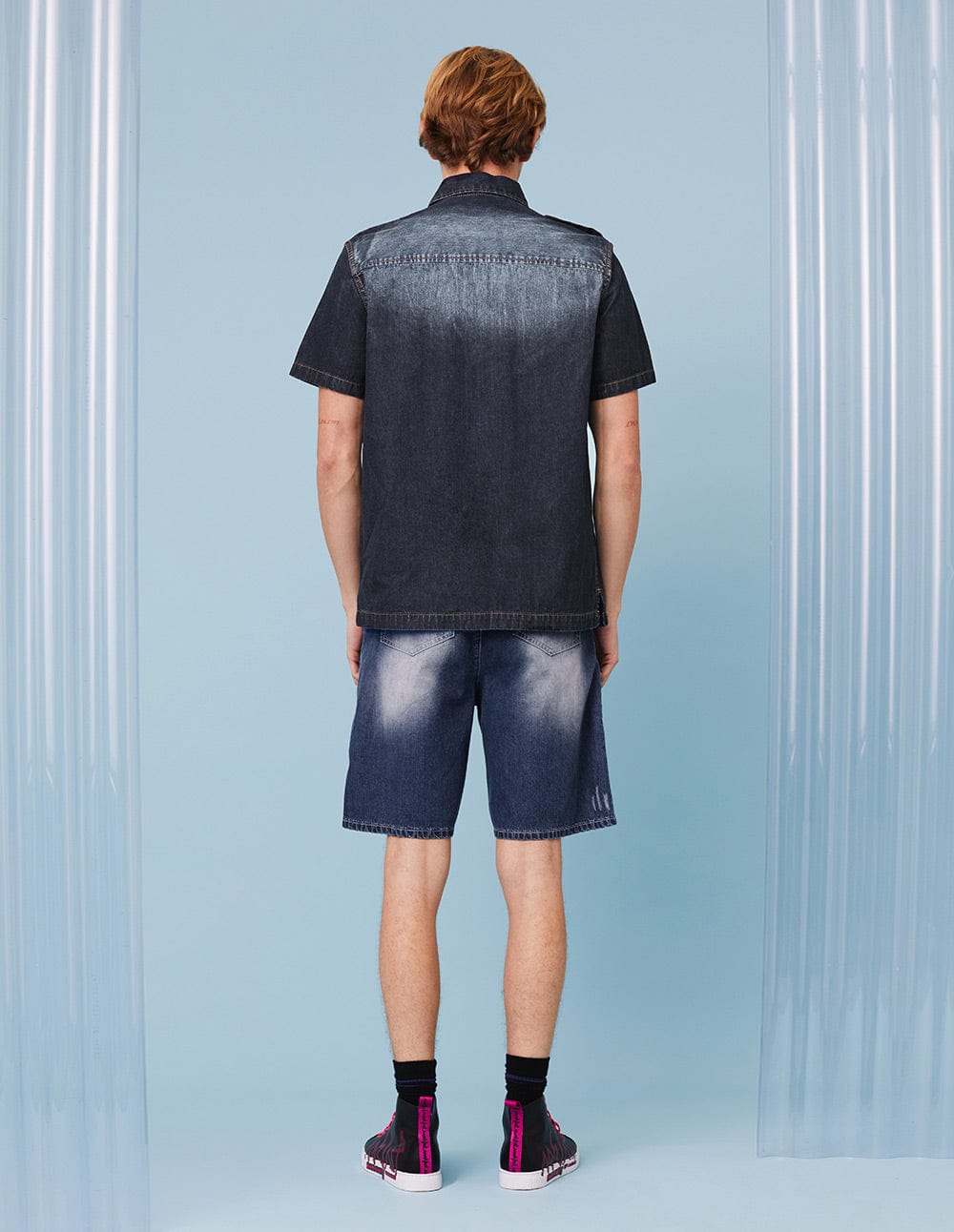 Men Mf Logo Embroidery Washed Denim Short Sleeve Shirt