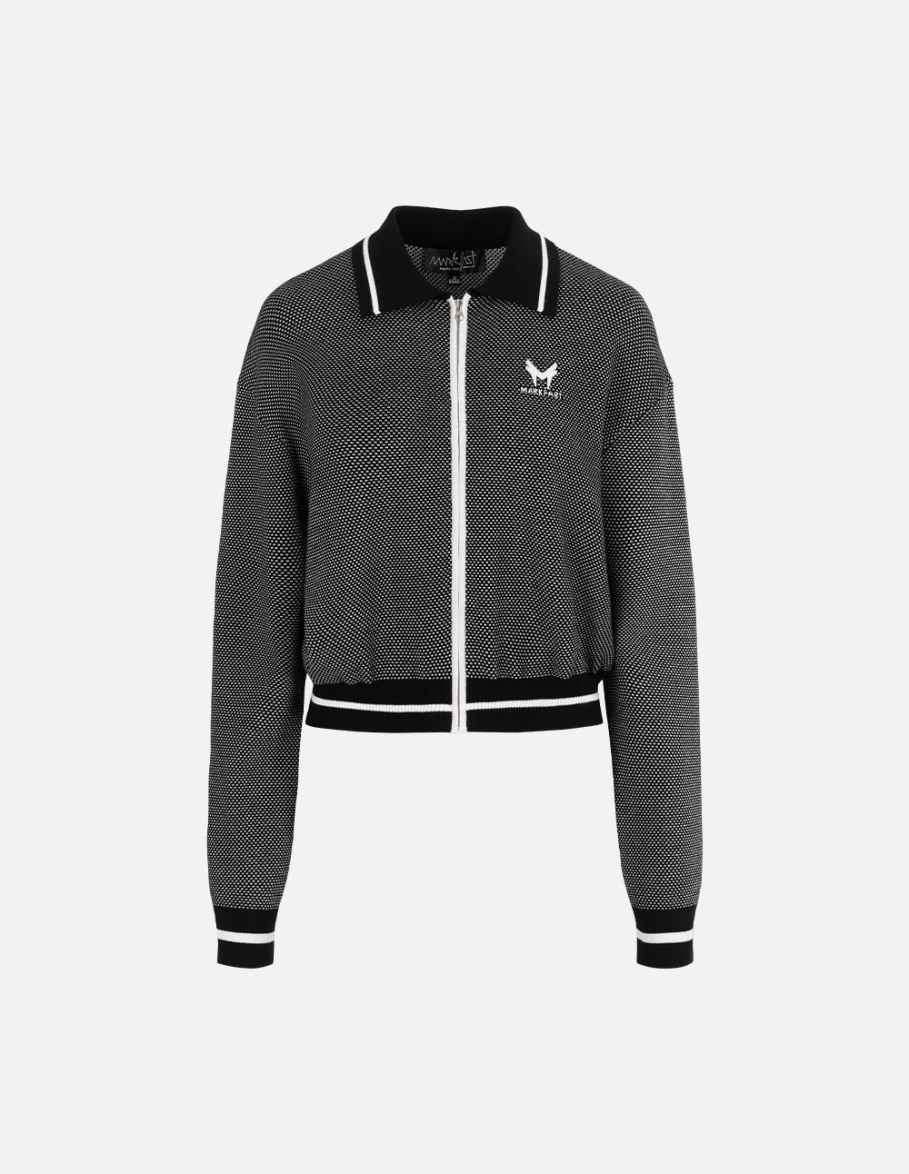 MF contrast color polo lapel zipper ribbed knitted cardigan