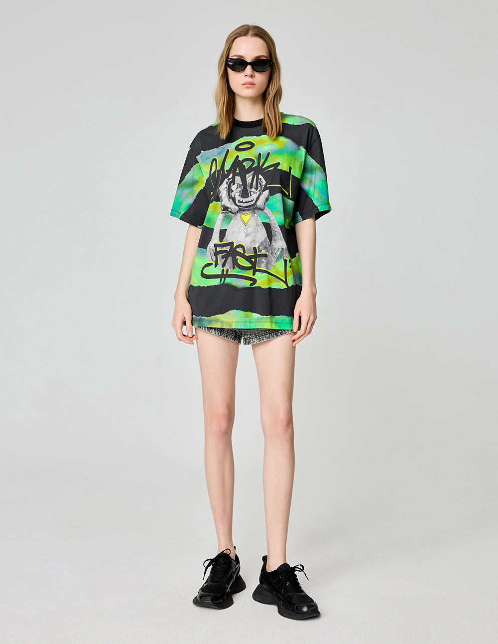 Loose Striped Monster Print T-Shirt
