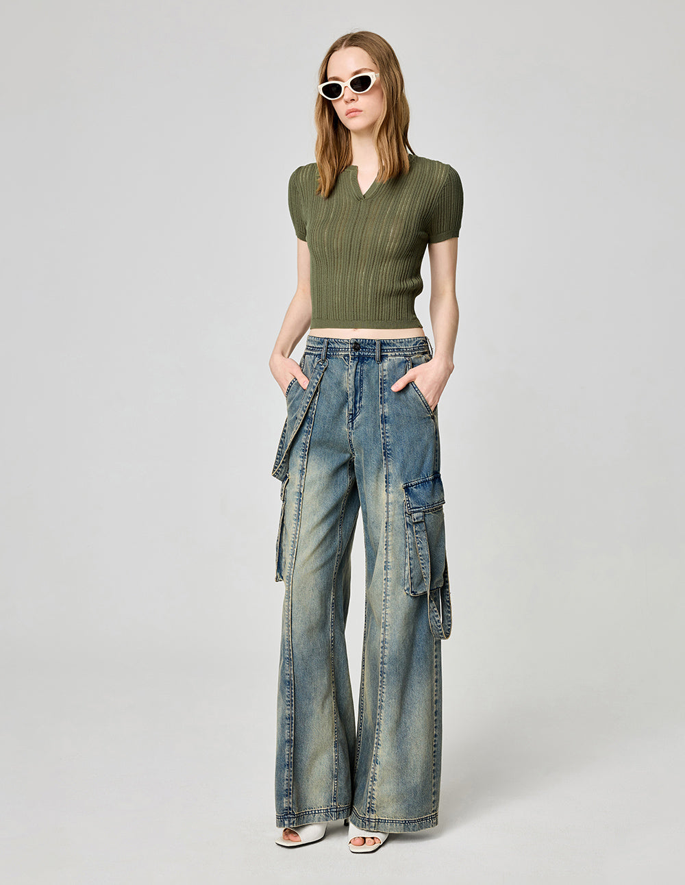 Women's Olive Green Hollow Pullover Sweater