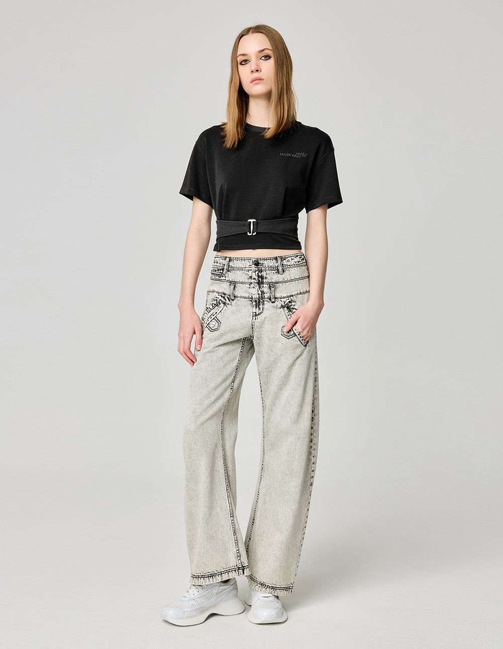 Women's Round Neck Short Sleeve Metal Button Girdle T-Shirt