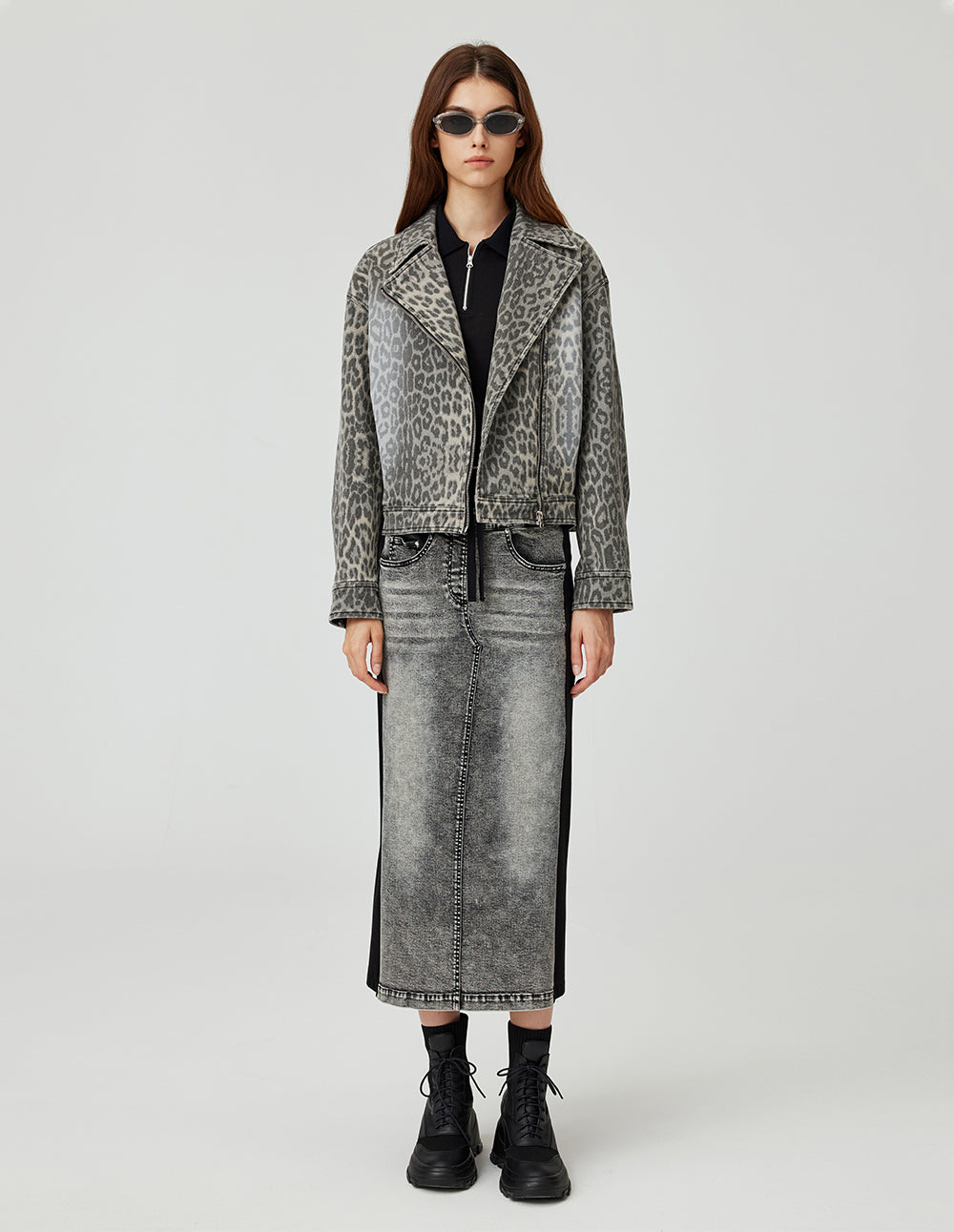 MF neat large lapel slant placket zipper gray leopard print washed denim jacket