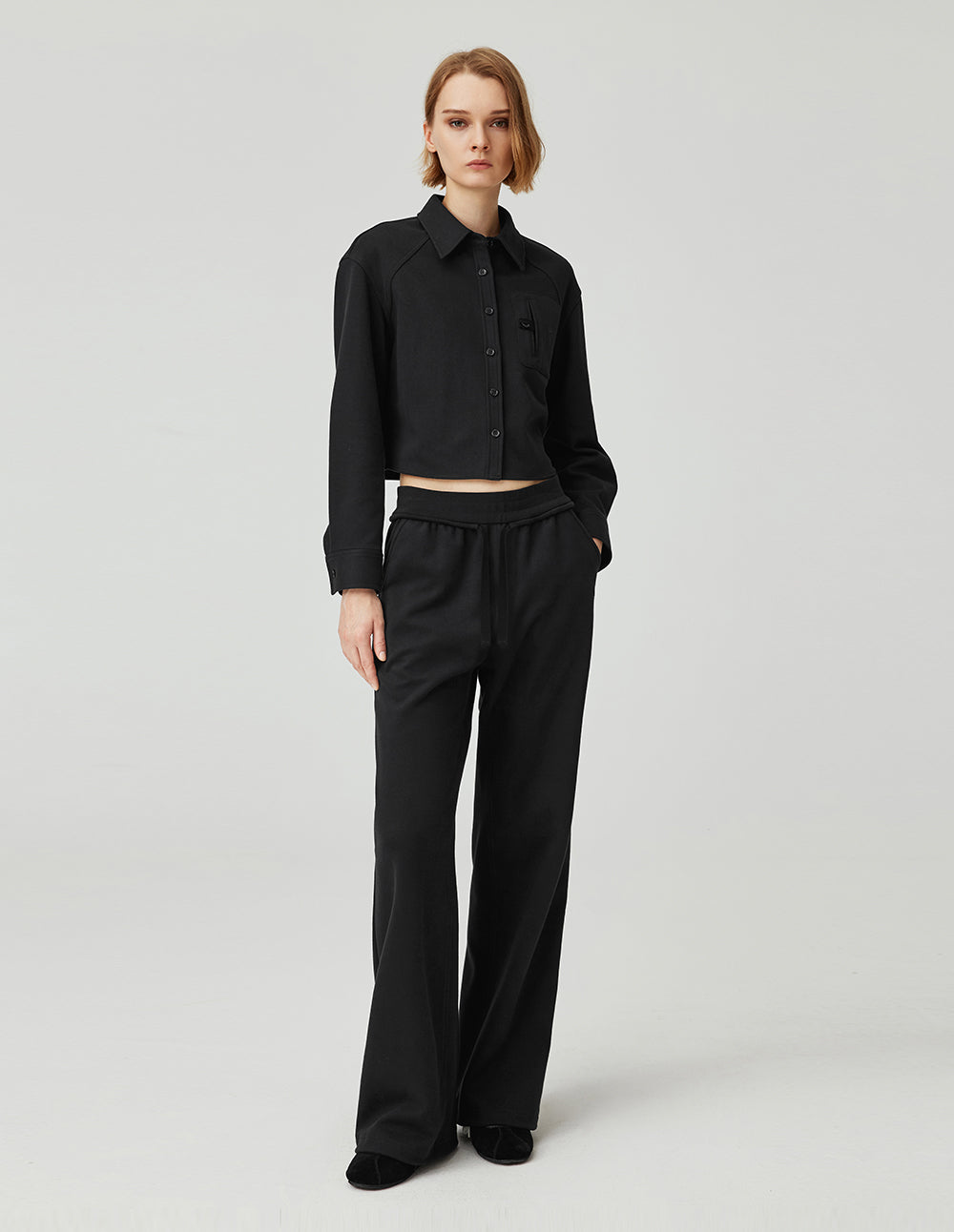 MF versatile collared high-waisted H-line cotton black shirt