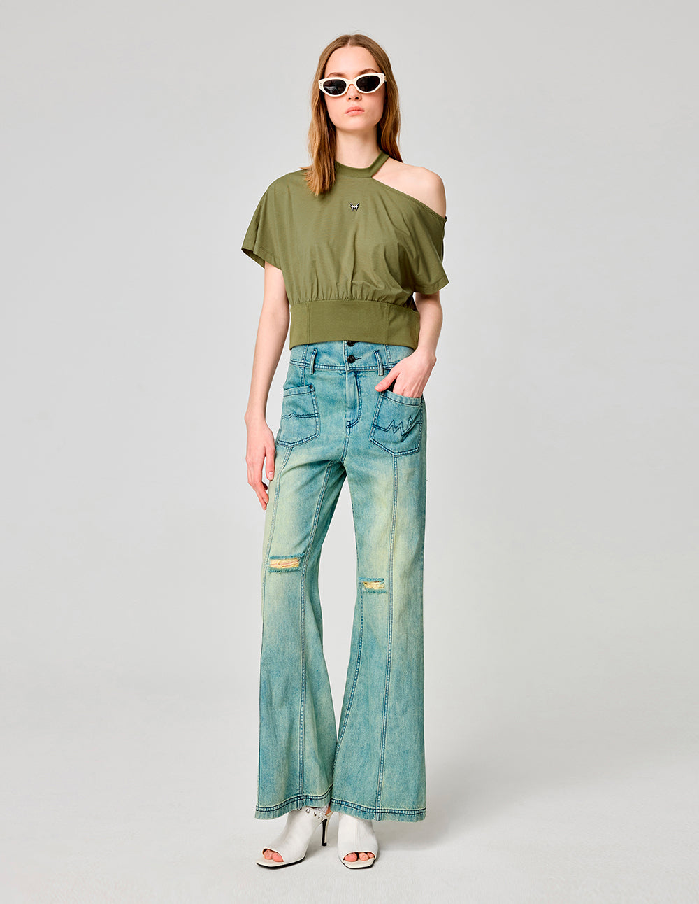 MF Halter Neck Slanted Shoulder Design Short-Sleeved T-Shirt