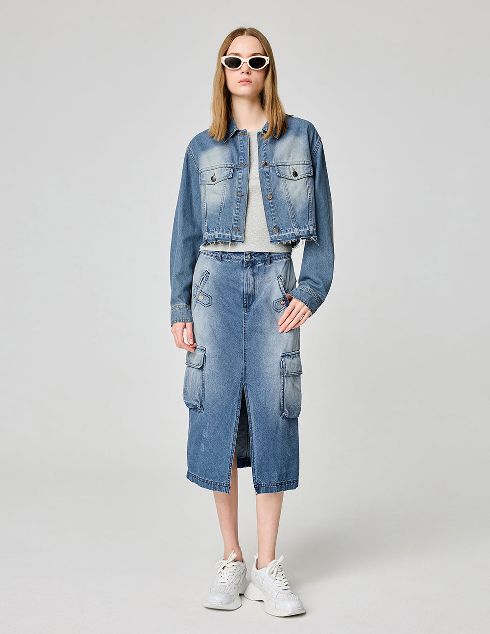 Women's Mid-Length Denim Skirt With Front Slit