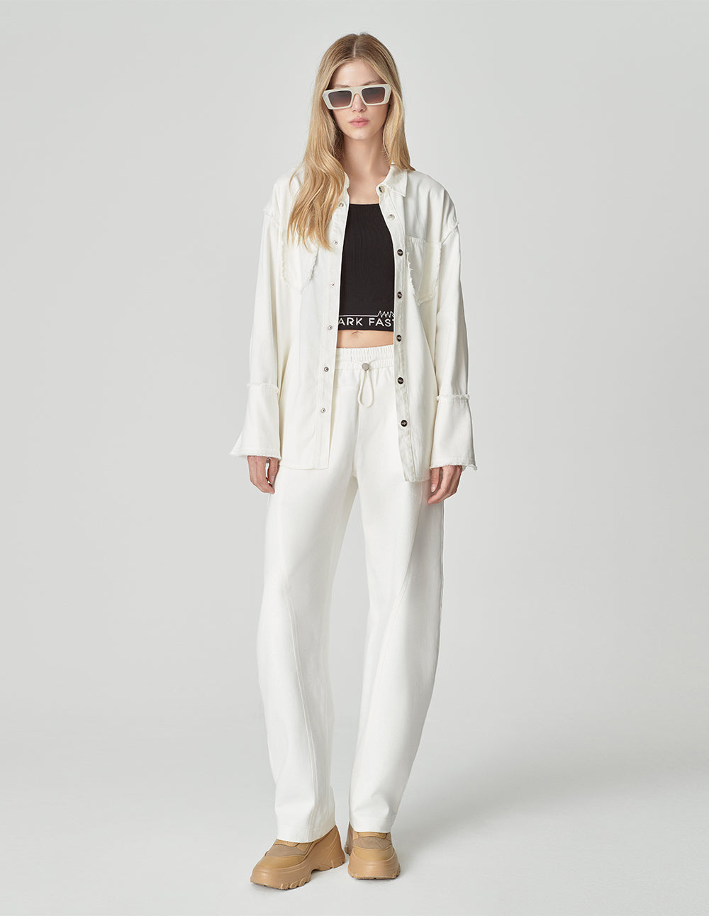 Women's White Long Sleeve Washed Denim Shirt