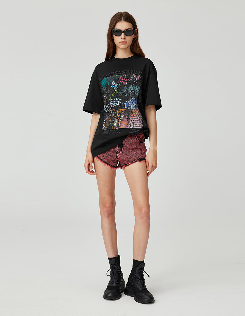 MF Unisex Threaded Small Round Neck Grid Lightning Pattern Abstract Print Loose Cotton T-Shirt