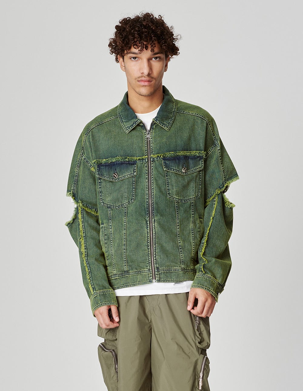 Unisex Style Ripped Sleeve Washed Denim Jacket