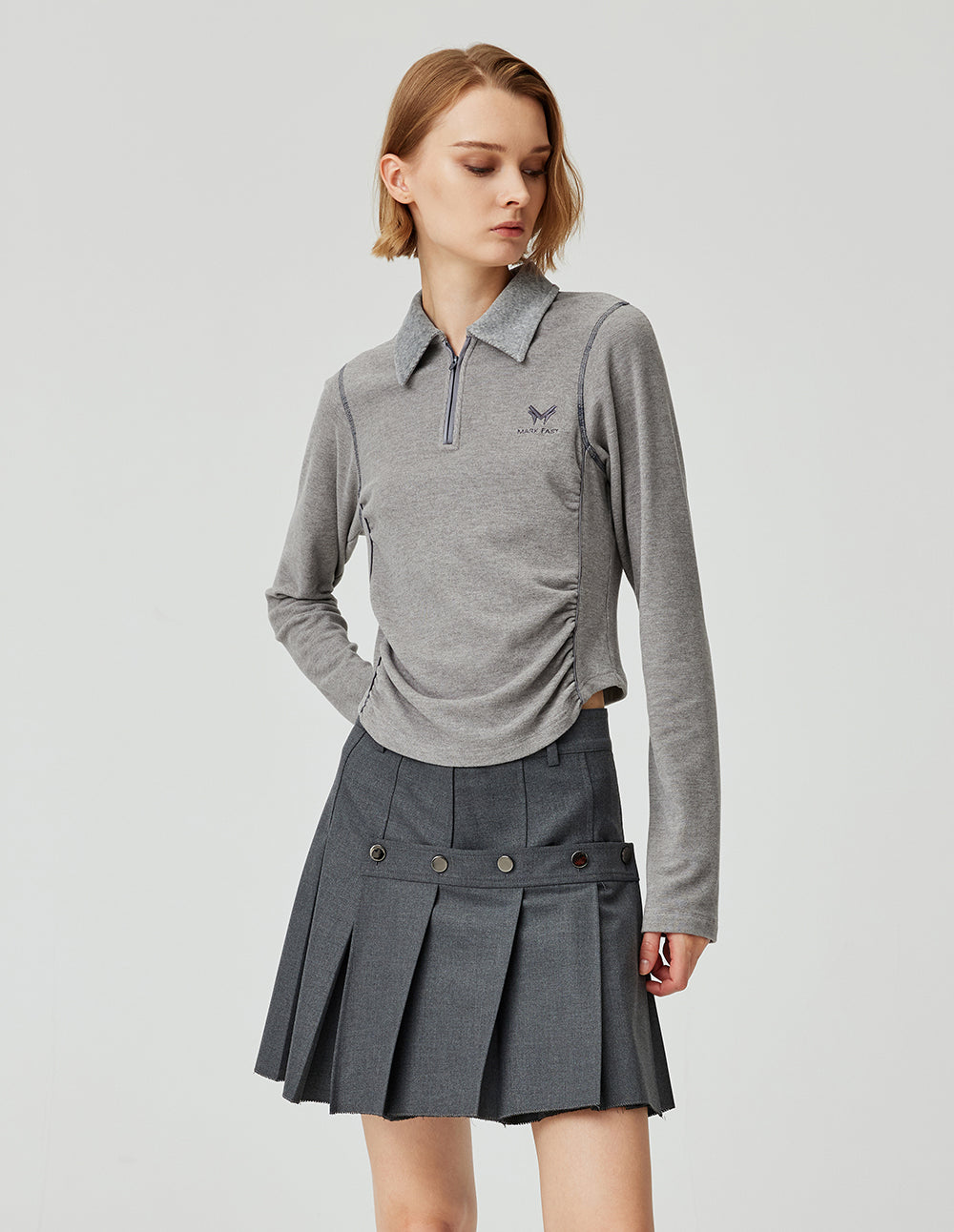 MF Collared Zipper Versatile Floral Gray Gathered Slim Waist Cropped Top