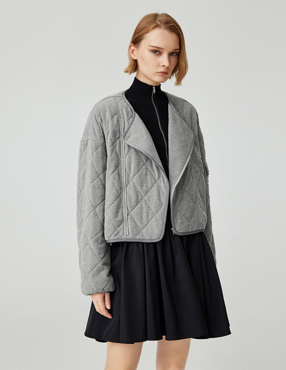 MF round neck, diagonal placket, diamond quilted, versatile floral gray cotton coat