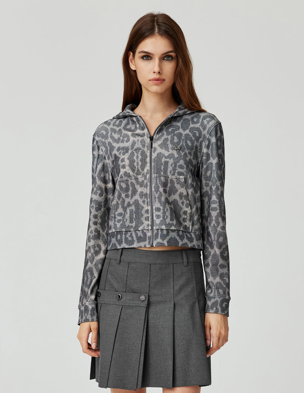 MF vintage grey leopard print hooded zip-up jacket