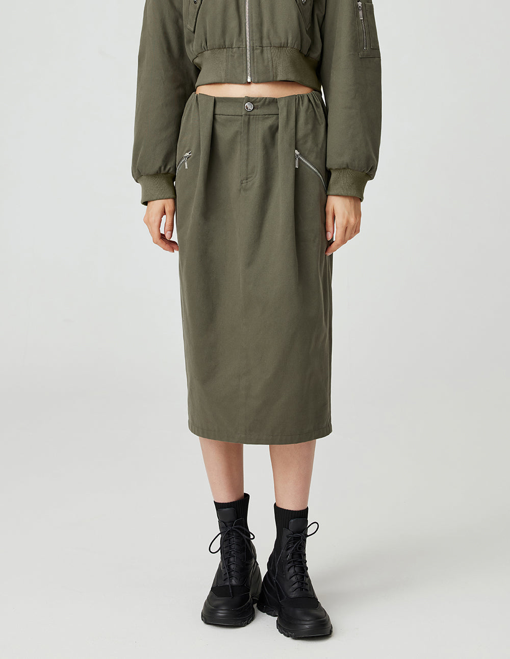 MF Retro Grey Olive Green Loose Straight Fit Pleated Design Versatile Midi Skirt