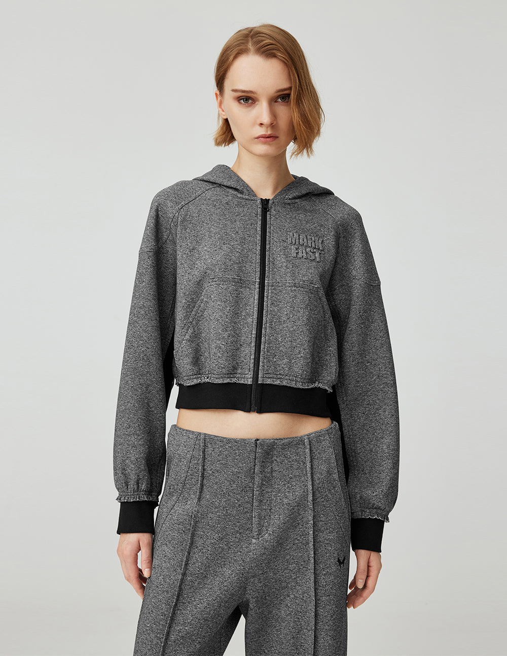 MF floral grey contrast elastic thread hooded zip-up sweatshirt jacket