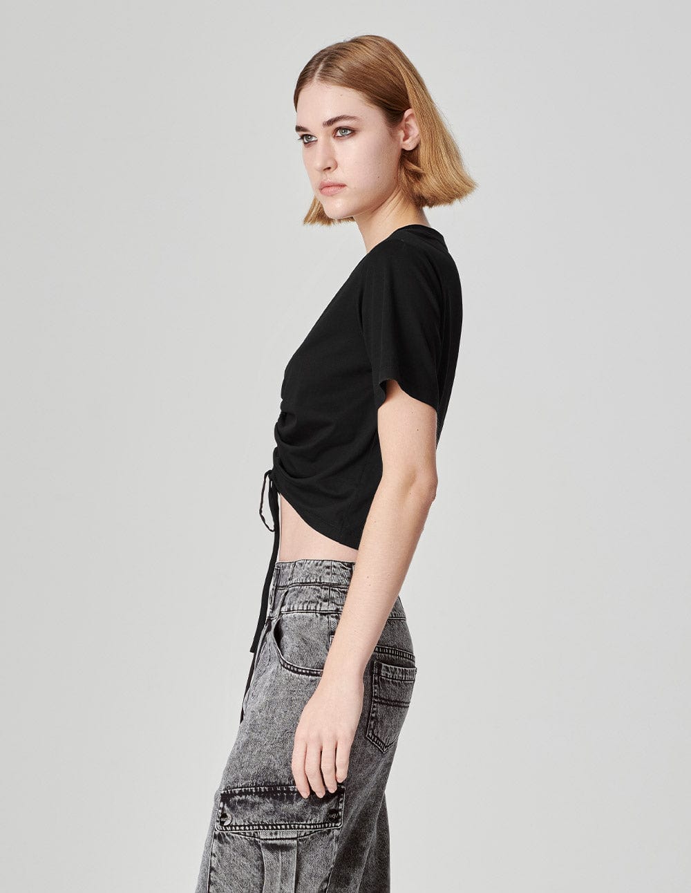 Women's Pleated Drawstring Crew Neck Cropped T-Shirt
