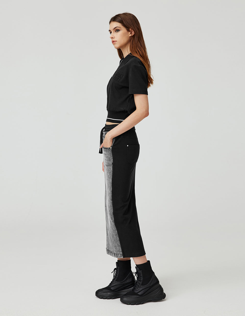 MF slim lapel zipper contrast color thread edge polo top