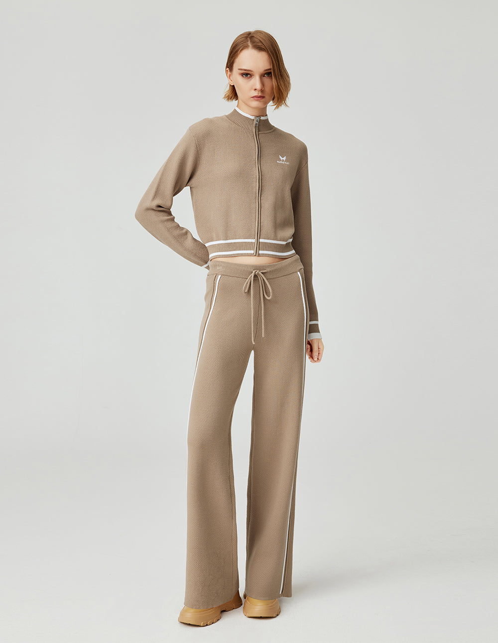 MF comfortable and versatile stand-up collar striped contrast color monster loose elastic ribbed knitted cardigan