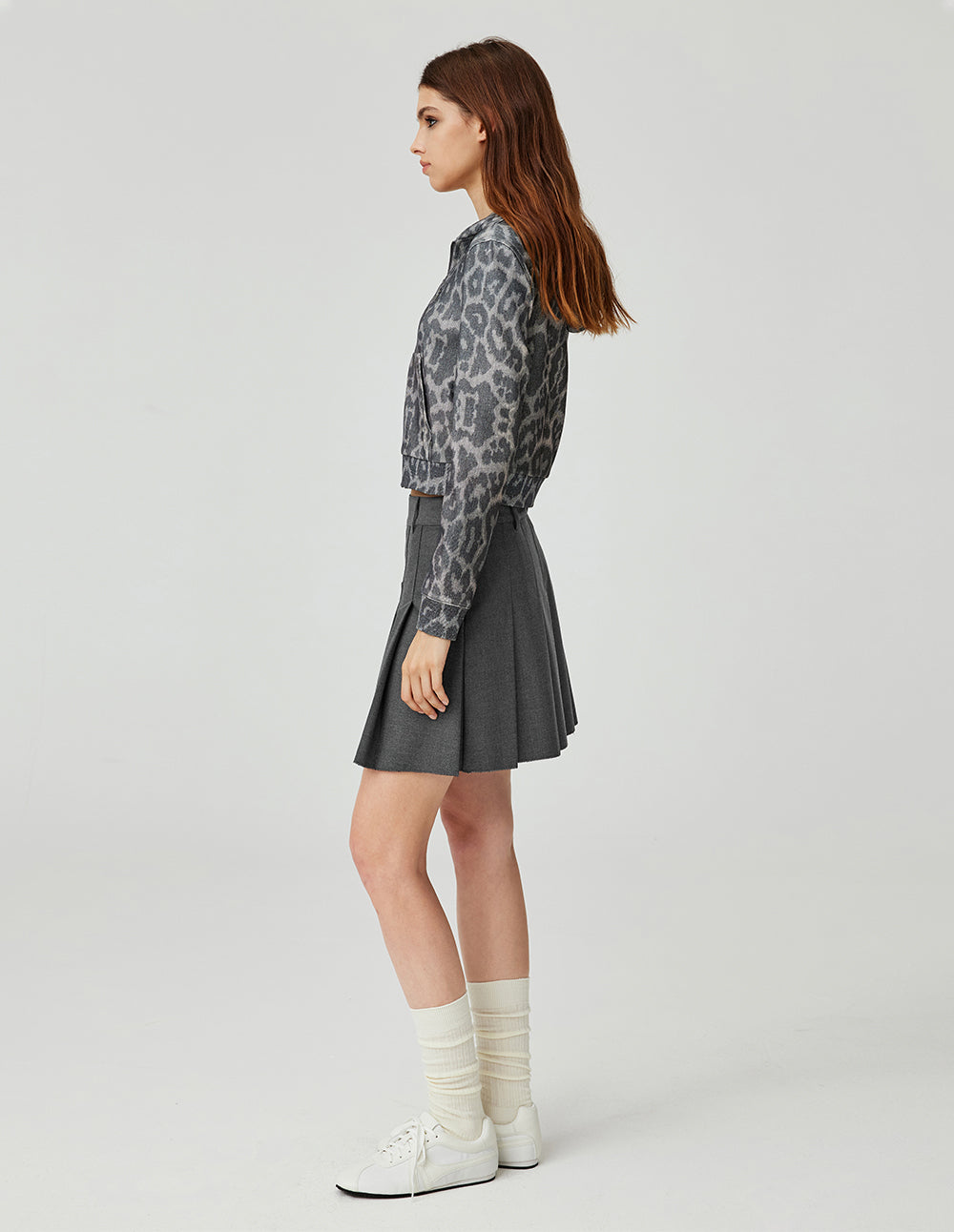 MF vintage grey leopard print hooded zip-up jacket