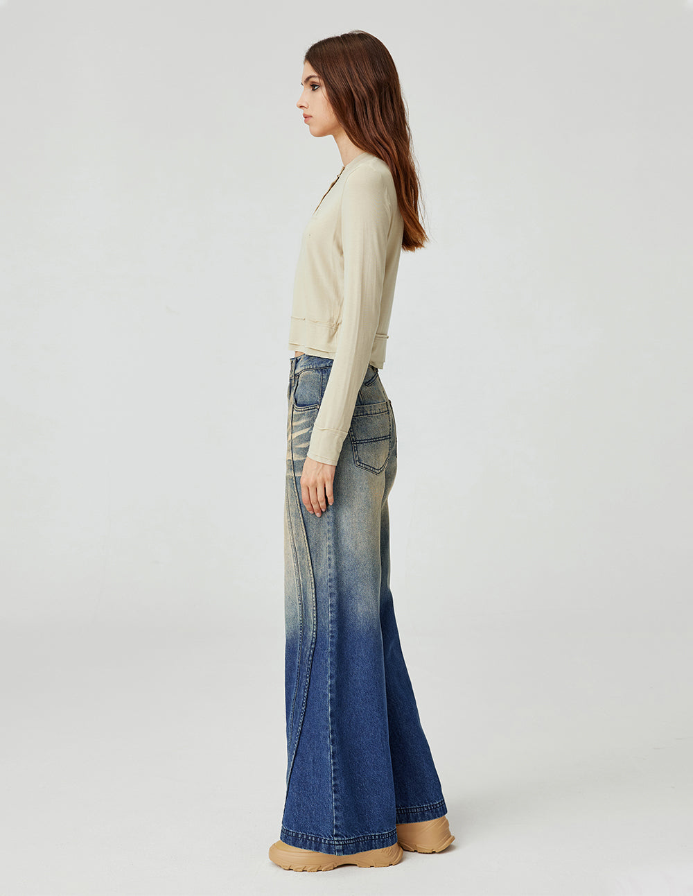 MF all-match apricot round neck monster comfortable stretch top