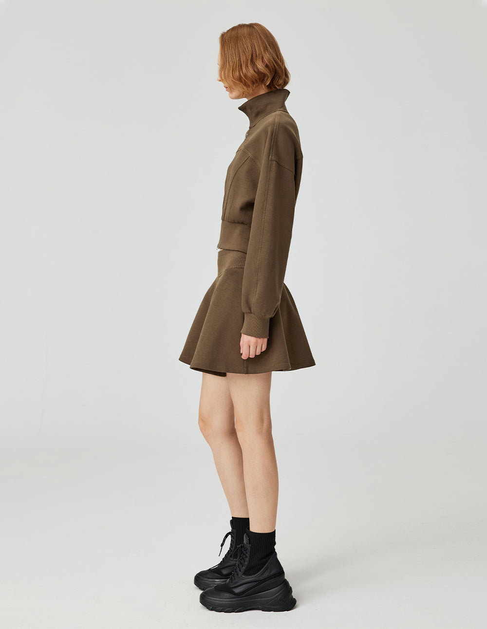 MF saddle brown threaded waist simple A-line short skirt