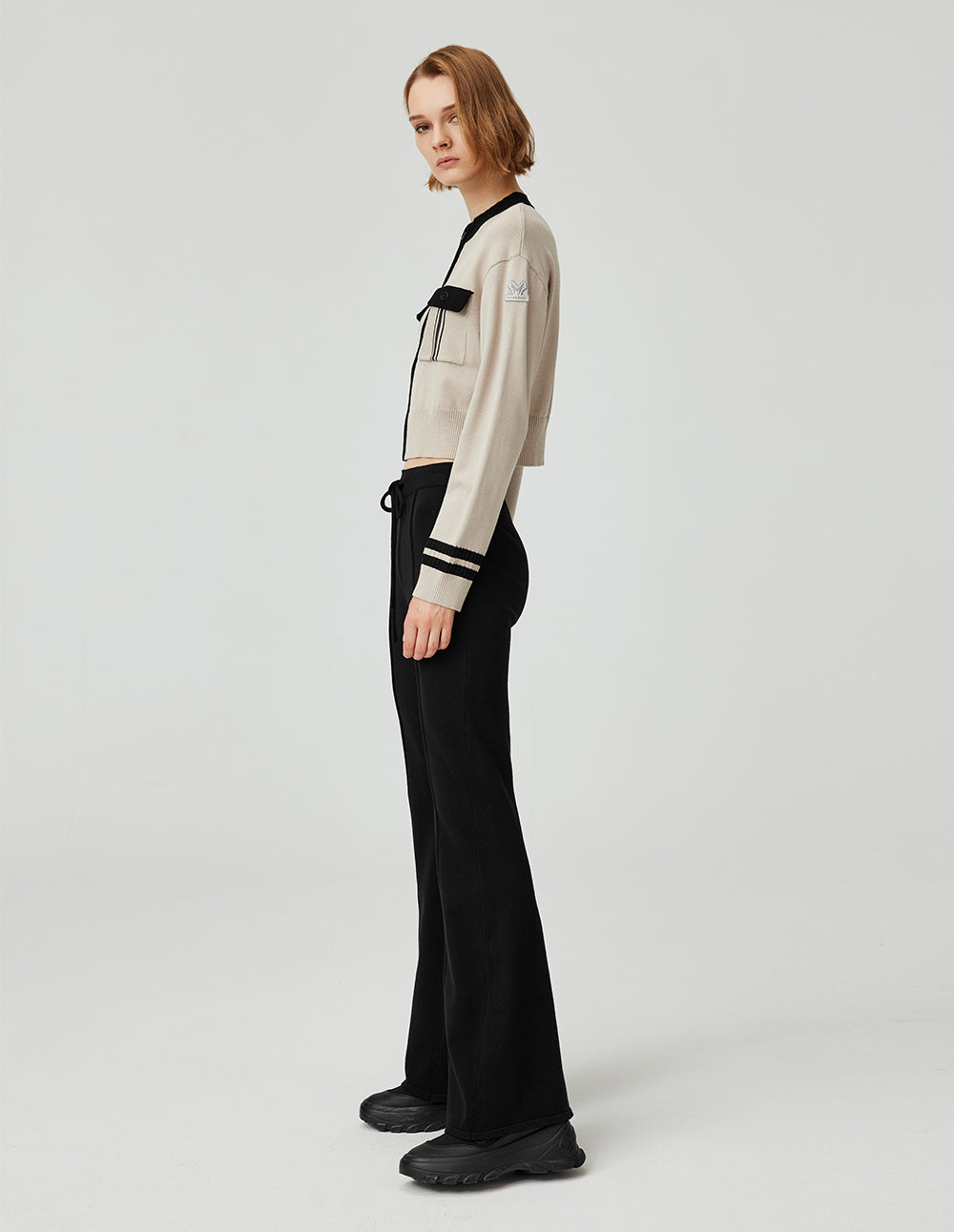 MF all-match contrast color round neck slim basic knitted cardigan