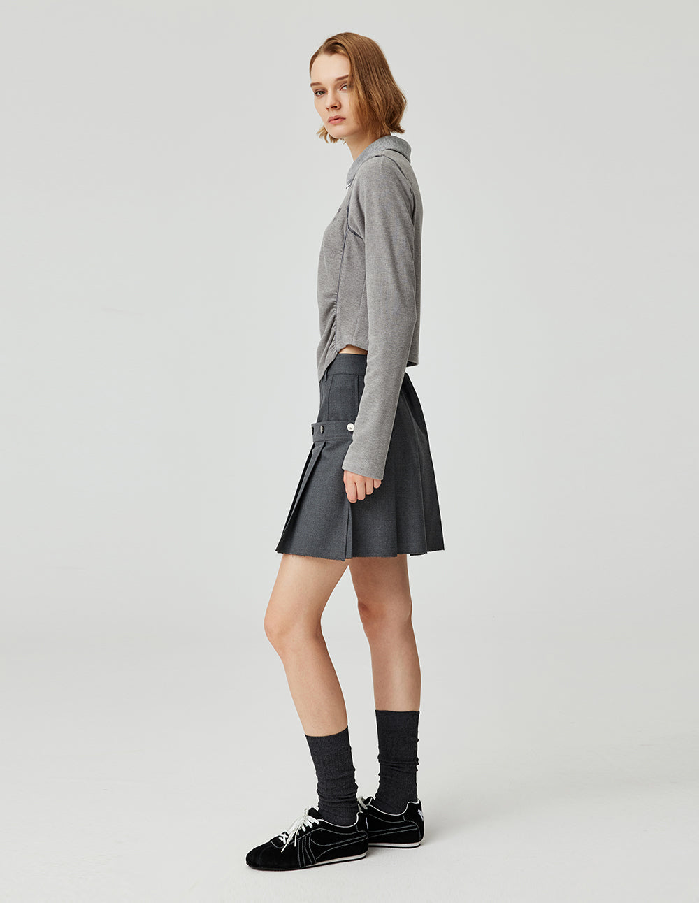 MF Collared Zipper Versatile Floral Gray Gathered Slim Waist Cropped Top