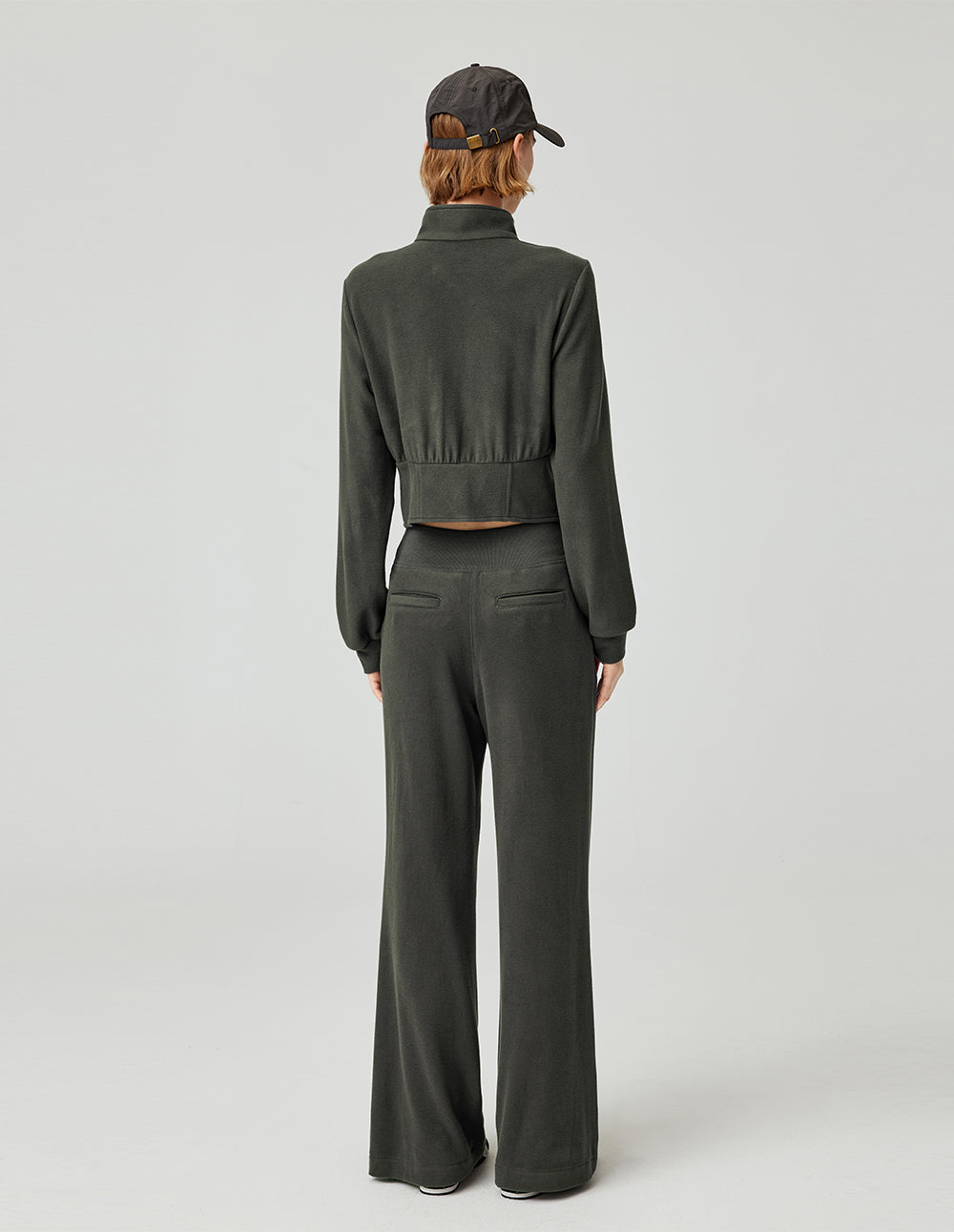 MF Elastic High Waist Dark Green Velvet Flared Wide-Leg Pants