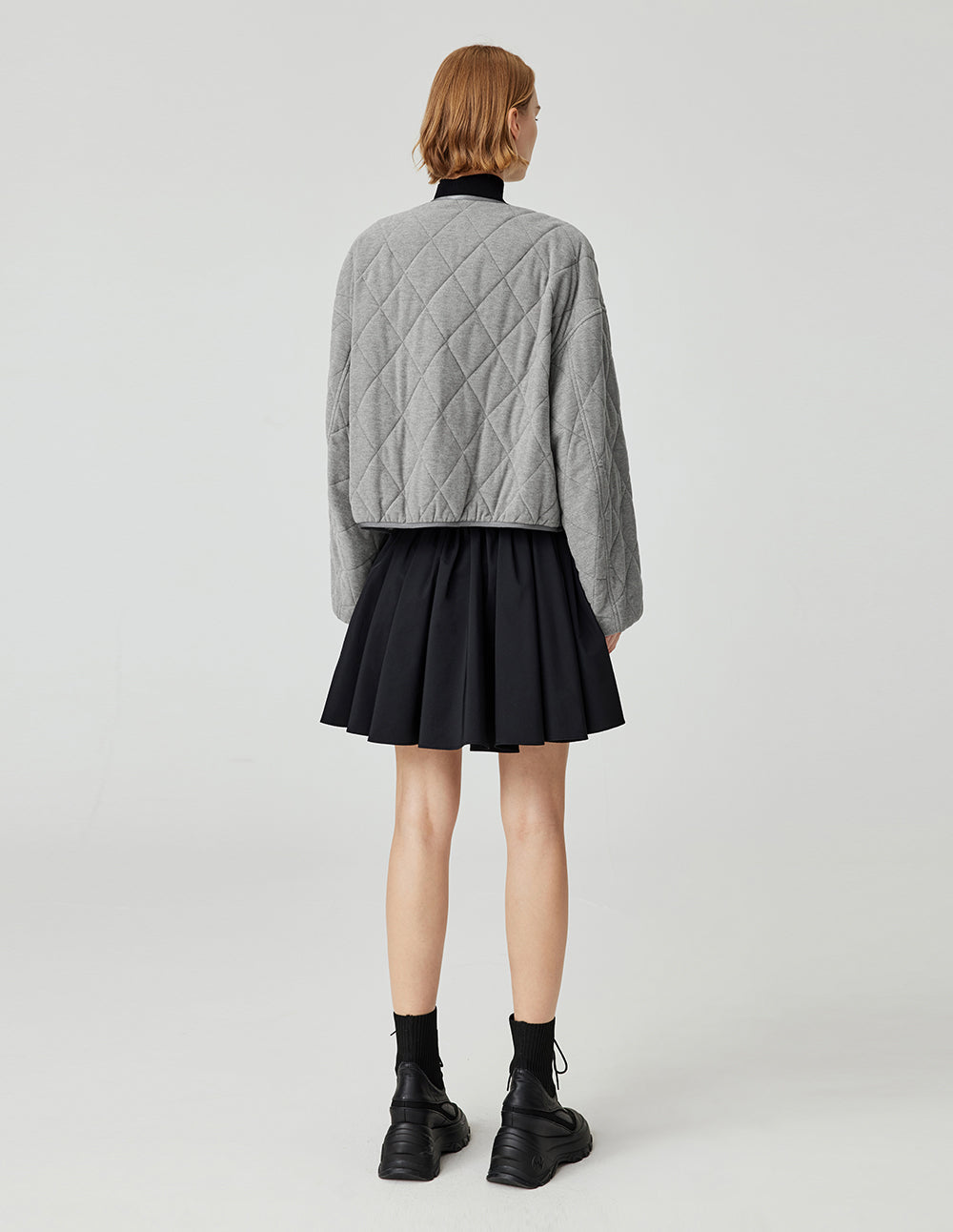 MF round neck, diagonal placket, diamond quilted, versatile floral gray cotton coat