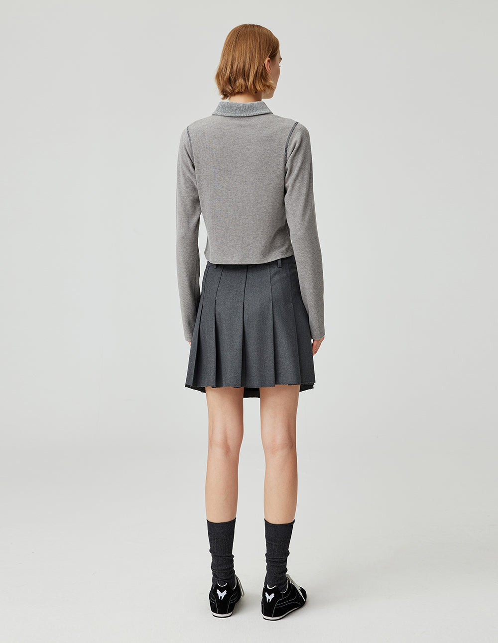 MF Collared Zipper Versatile Floral Gray Gathered Slim Waist Cropped Top