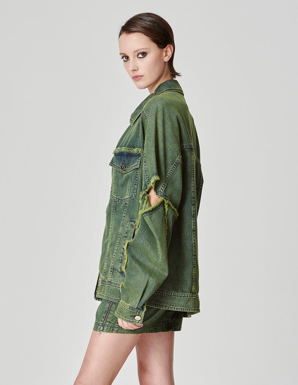 Unisex Style Ripped Sleeve Washed Denim Jacket