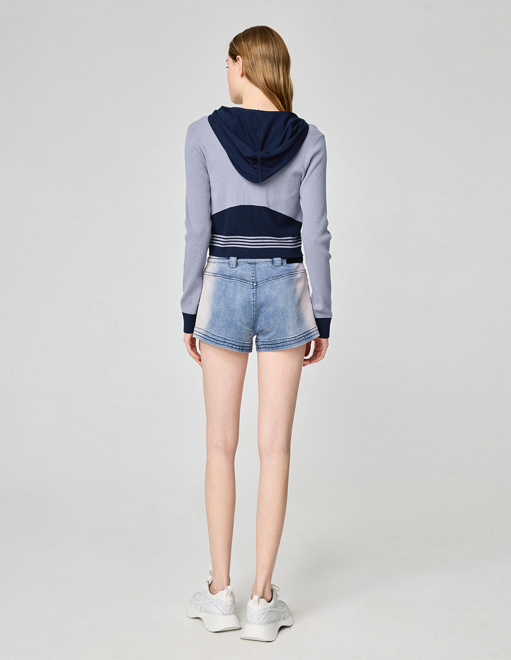 Women's Gray Purple Knitted Hooded Cardigan