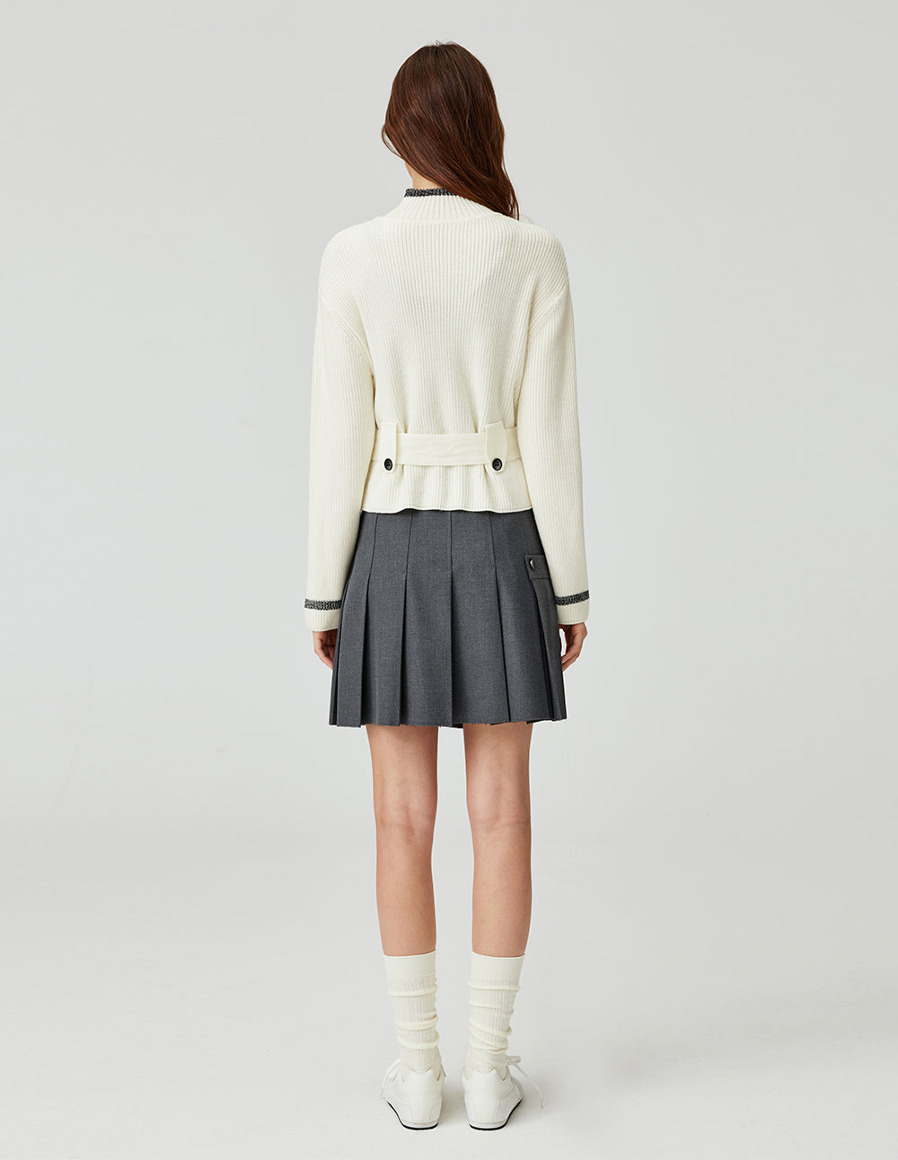 MF Ribbed Stand Collar White Tie-Waist Cardigan